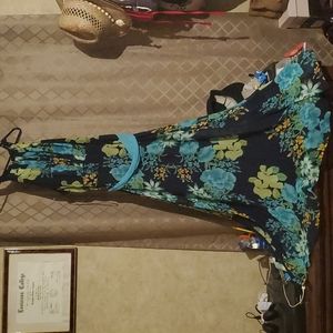 Tie Neck Maxie Dress. Turquoise floral pattern